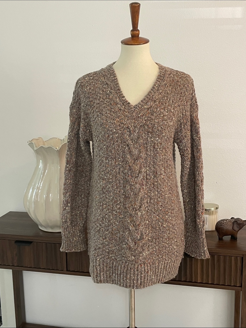 ADRIENNE VITTADINI Brown Speckled Knit‎ Pullover V-Neck Sweater sz S